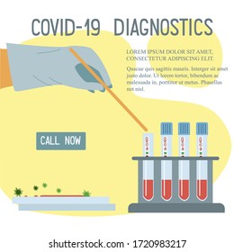 Laboratory blood analysis for research. Vector Flat Illustration for Design landing page, website, poster, banner. Hand holds  pipette over test tube of biomaterial to study on between the glasses.