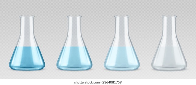 Laboratory blue liquid experiment in glass beaker realistic 3d test equipment set. Fluid chemical reaction in erlenmeyer glassware for concentration color analysis. Measuring research container