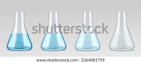 Laboratory blue liquid experiment in glass beaker realistic 3d test equipment set. Fluid chemical reaction in erlenmeyer glassware for concentration color analysis. Measuring research container