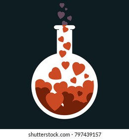 Laboratory bottle with hearts brewing  inside.