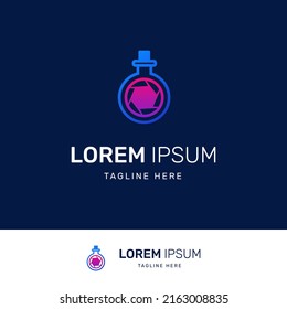 Logotipo de botella de laboratorio con lente de cámara en el centro. Adecuado para el negocio de la fotografía y la investigación