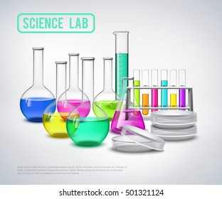 Laboratory bottles composition with color liquids in jars realistic glass tubes flat vector illustration