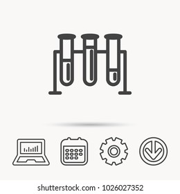 Laboratory bulbs icon. Chemistry analysis sign. Science or pharmaceutical symbol. Notebook, Calendar and Cogwheel signs. Download arrow web icon. Vector
