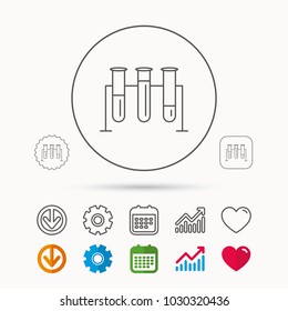 Laboratory bulbs icon. Chemistry analysis sign. Science or pharmaceutical symbol. Calendar, Graph chart and Cogwheel signs. Download and Heart love linear web icons. Vector