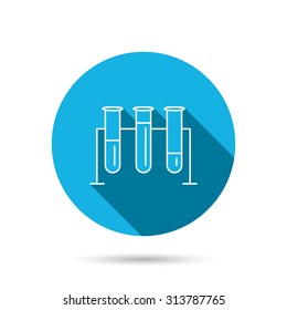 Laboratory bulbs icon. Chemistry analysis sign. Science or pharmaceutical symbol. Blue flat circle button with shadow. Vector
