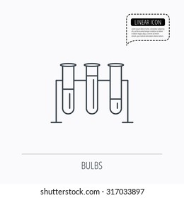 Laboratory bulbs icon. Chemistry analysis sign. Science or pharmaceutical symbol. Linear outline icon. Speech bubble of dotted line. Vector