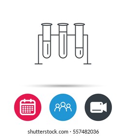 Laboratory bulbs icon. Chemistry analysis sign. Science or pharmaceutical symbol. Group of people, video cam and calendar icons. Vector