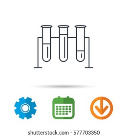 Laboratory bulbs icon. Chemistry analysis sign. Science or pharmaceutical symbol. Calendar, cogwheel and download arrow signs. Colored flat web icons. Vector