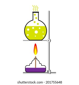 Laboratory burner and flask on white background.