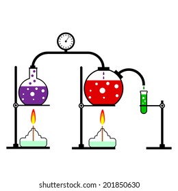 Laboratory burner and flask on white background. Vector illustration.