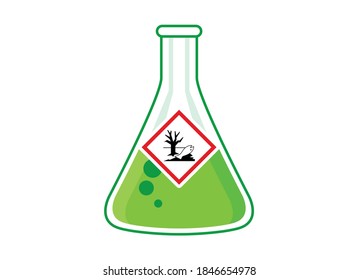 Laboratory chemical beaker with toxic liquid icon vector. Dangerous for the environment symbol. The symbol is of a dead tree and fish vector. Glass container with poisonous liquid clip art