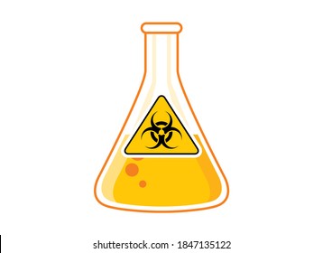 Laboratory chemical beaker with toxic liquid and hazard symbol icon vector. Biohazard icon vector. Dangerous symbol with radiation icon. Glass container with yellow poisonous liquid clip art
