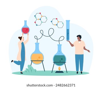 Laboratory chemical experiment, science research in chemistry class. Tiny people study molecular structure of heating and boiling in test tube various liquid substance cartoon vector illustration