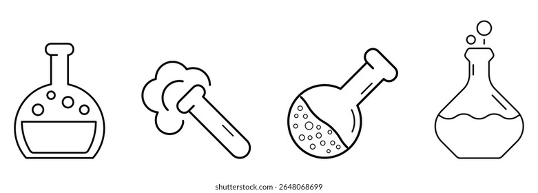 Laboratório experimento químico tubo de ensaio reação frasco de ebulição ícone científico ilustração vetor linha arte projeto com equipamento de vidro.