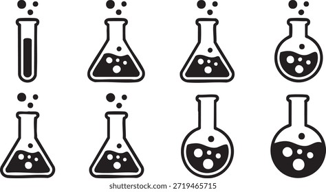 Conjunto de iconos de frascos químicos de laboratorio. Erlenmeyer, símbolo de la alquimia. Trike editable. Ilustración vectorial.	
