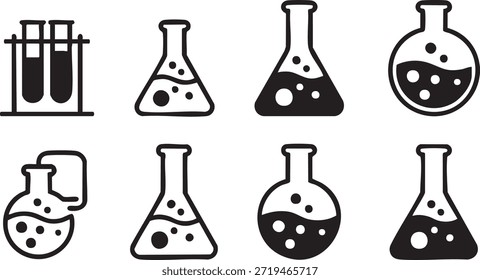 Conjunto de iconos de frascos químicos de laboratorio. Erlenmeyer, símbolo de la alquimia. Trike editable. Ilustración vectorial.	
