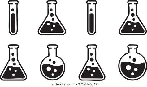Conjunto de iconos de frascos químicos de laboratorio. Erlenmeyer, símbolo de la alquimia. Trike editable. Ilustración vectorial.	
