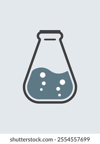 Laboratory chemical glass tube with grayish liquid design, Chemical lab beaker flask with conical tube shape. Flat design graphic icon of Chemical equipment isolated on a soft gray background