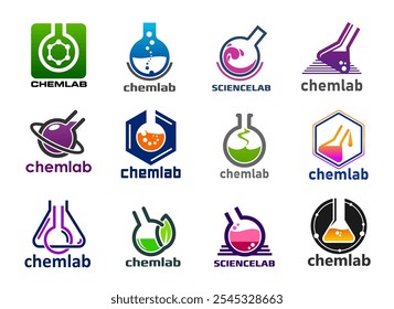 Iconos de laboratorio, laboratorio químico de la investigación de la ciencia de la química del Vector, biotecnología, biología y medicina. Tubos de ensayo de laboratorio, vasos de vidrio y matraces con símbolos de reactivos de color, burbujas y hojas