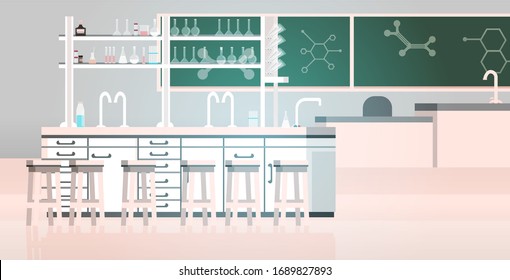 Laboratory Chemical In Science Classroom Interior Of University College Empty No People Lab With Furniture Horizontal Vector Illustration