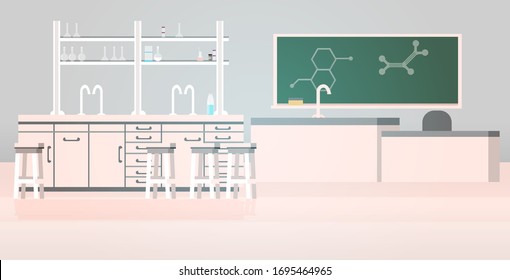 Laboratory Chemical In Science Classroom Interior Of University College Empty No People Lab With Furniture Horizontal Vector Illustration