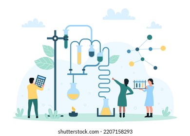 Laboratory chemistry experiment of tiny scientists vector illustration. Cartoon team of chemists using scientific equipment to research and study chemical processes, characters analyzing and learning