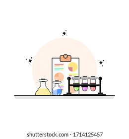 laboratory chemistry flat design with element two tubes beside rack three tubes in rack and document