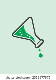 Laboratory Chemistry glass with green liquid pouring design, Lab flask beaker with green Chemical liquid. Flat graphic design Chemistry glass icon outlined in black and soft green background.