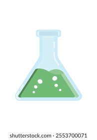 Laboratory Chemistry glass with green liquid and bubbles design, lab flask glass, beaker with green Chemical liquid. Flat design graphic 3d simple Chemistry glass icon isolated on white background