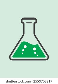 Laboratory Chemistry glass with green liquid design, lab flask glass, beaker with green Chemical liquid. Flat graphic design icon of Chemistry glass with black outline and soft green background