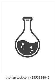 Laboratory Chemistry glass tube with black and white liquid design, Chemical lab beaker flask with ellipse shape. Flat graphic design icon of Chemical equipment with black outline and white background