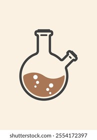 Laboratory chemistry glass tube with a brown liquid design, chemistry lab beaker flask with a round two neck shape. Flat graphic icon of Chemical equipment black outline and soft brown background