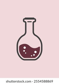 Laboratory chemistry glass tube with a burgundy liquid design, chemistry lab beaker flask are round and oval in shape. Flat graphic design icon of Chemical equipment on a soft color background