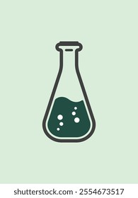 Laboratory chemistry glass tube with a dark green liquid design, lab beaker bottle in the shape of a long oval cone. Flat graphic design icon of chemical equipment with a soft color background.