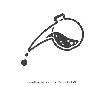 Laboratory Chemistry glass tube with liquid and drop design, Chemical lab boiling beaker flask with round shape. Flat graphic design icon of Chemical equipment outlined in black and white background