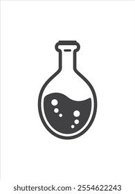 Laboratory chemistry glass tube with a liquid design, black and white, Chemistry lab beaker bottles have a rounded oval shape. Flat graphic design monochrome icon of Chemical equipment