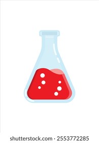 Laboratory Chemistry glass tube with red liquid and bubble design, chemical beaker flask glass with a cone shape. Flat design graphic 3d simple Chemistry equipment icon isolated on white background