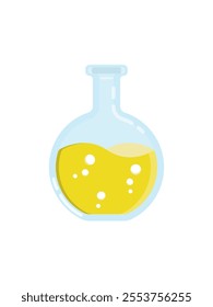 Laboratory Chemistry glass with yellow and bubble liquid design, Lab beaker flask glass with Chemical liquid. Flat design graphic 3d simple Chemistry lab glassware icon isolated on white background