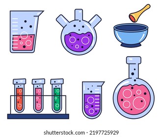 Laboratory chemistry science medicine bottle flask line art outline isolated set collection concept. Vector graphic design element illustration