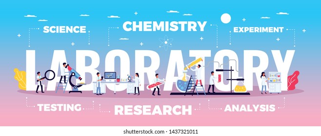 Laboratory composition with flat signs and symbols doodle style human characters of scientists and editable text vector illustration