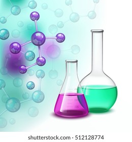 Composición de laboratorio con moléculas botellas químicas de recipientes ilustración vectorial plana