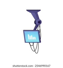 Laboratoriumcomputermonitor met weergavediagram. Desktop technologie wetenschappelijk apparaat met gegevens op het scherm, draden, opknoping van boven. Vector vlakke illustratie geïsoleerd op witte achtergrond