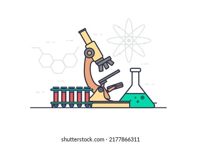 Laboratory concept in flat outline design. Scientific research, innovation and discovery. Vector illustration with colorful line web scene with microscope, test tubes and chemical flask with liquid