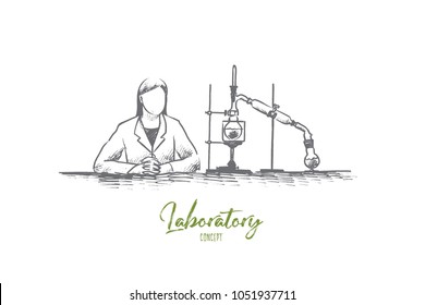 Laboratory concept. Hand drawn female laboratory assistant and chemistry equipment. Science equipment in chemistry laboratory isolated vector illustration.