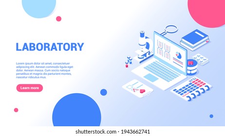 Laboratory concept. Landing page or web banner template. 3d set of laboratory elements. Laptop, microscope, ampoules, calendar, tablet, magnifier, pills, books. Vector illustration in isometric style.