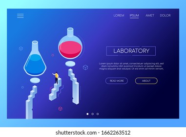 Concepto de laboratorio - moderno banner vectorial isométrico en fondo azul con espacio de copia para texto. Una imagen de frascos y hombres. Química, ilustración de laboratorio médico. Ciencia, salud y educación