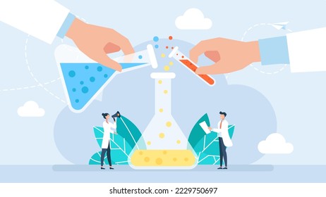 Concepto de laboratorio. Los científicos hacen pruebas farmacéuticas. Medicina, farmacia, investigación médica. Científicos trabajando en un laboratorio de ciencias. Equipo y cristalería de laboratorio. Investigación científica. Ilustración del vector