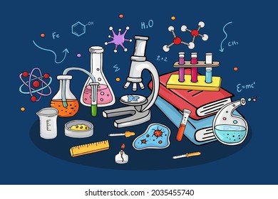 Laboratory concept, vector illustration. Chemistry research at lab, equipment for science experiment, tube, microscope and beaker.