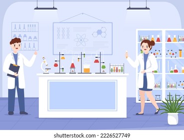 Laboratory with Conducting Research Scientific, Experimentation and Measurement in a Lab in Flat Cartoon Hand Drawn Templates Illustration