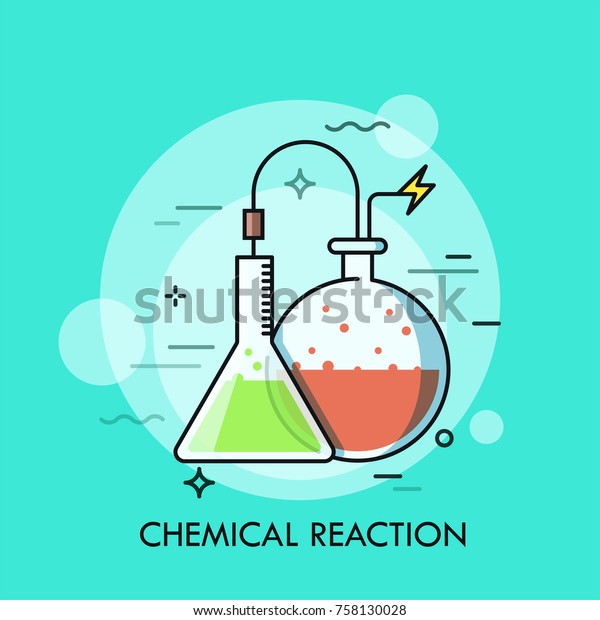 Laboratory conical and round-bottom flasks\
filled with colorful liquids and connected by wire. Concept of\
chemical reaction, lab or scientific experiment. Vector\
illustration for banner,\
website.